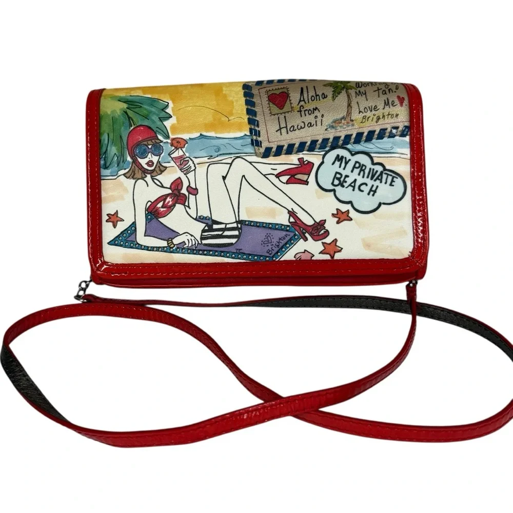 Vintage Brighton Hand Painted Leather Beach Art Crossbody Bag Purse